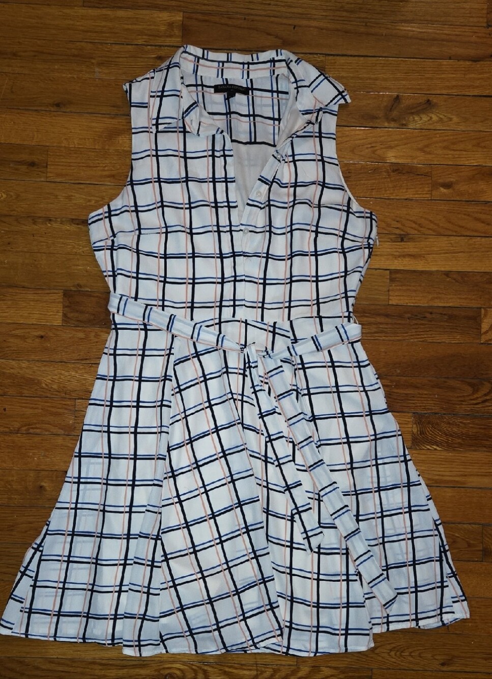 Banana Republic Cream Button-Up Dress with Navy & Blue Plaid and Apricot Accents